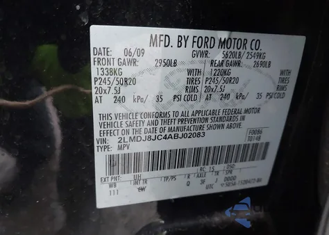 2010 Lincoln Mkx z USA, uszkodzony, nr VIN 2LMDJ8JC4ABJ02083